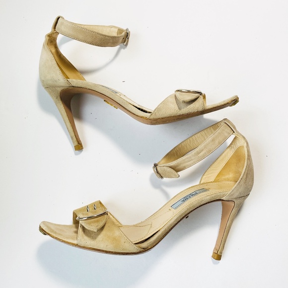 Prada Shoes - Prada Nude Tan Suede Heeled Sandals Ankle Strap Silver Buckle